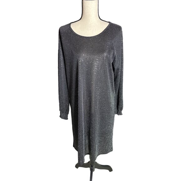 Nina Leonard Black Sequin Dress Smock Long Sleeve Pockets Lined Size Large - Picture 1 of 8